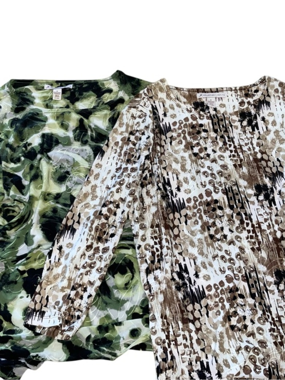 JM Collection Mixed-Print Long Sleeve Tops in Green & Brown